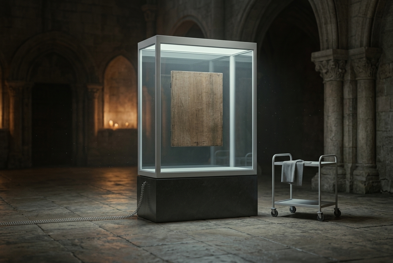 A sealed, softly lit glass and aluminium display case standing in a dark stone church interior, holding a plain blank wooden panel; a power cable runs from its base across the flagstones and an empty service trolley stands beside it.