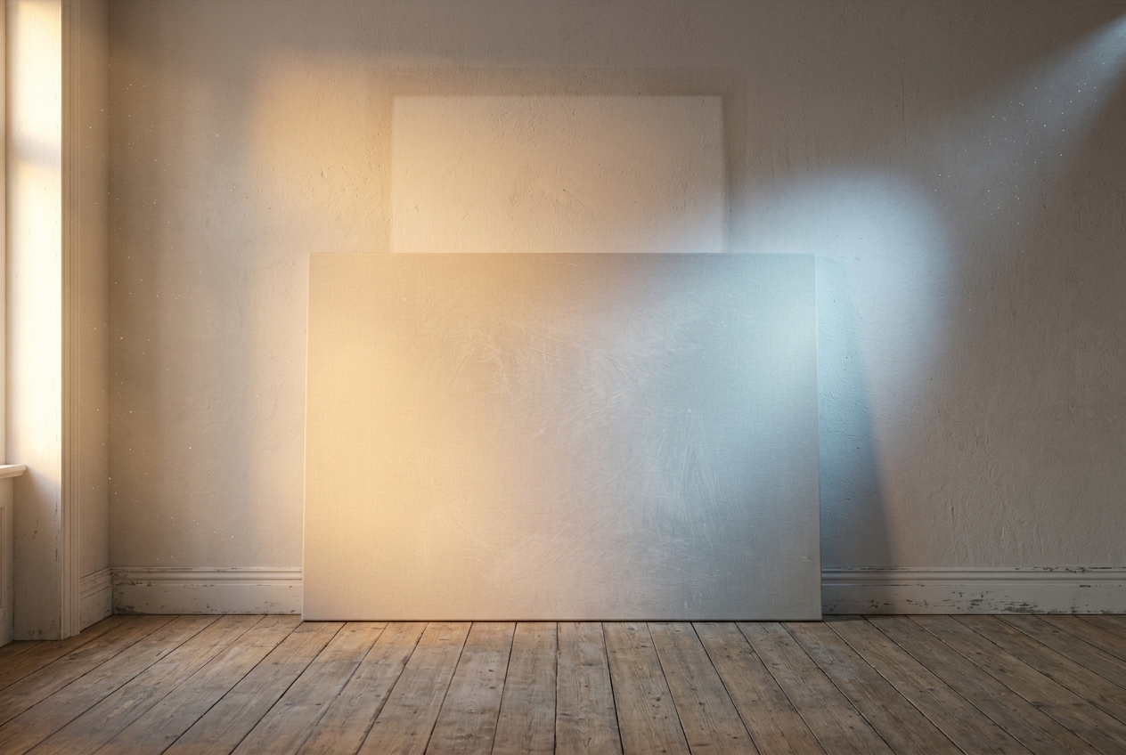 A large blank primed canvas leaning against a pale wall in an empty room, warm daylight from a window on the left and a cold spotlight from the right meeting across its surface, with a faint unfaded rectangle on the wall behind.
