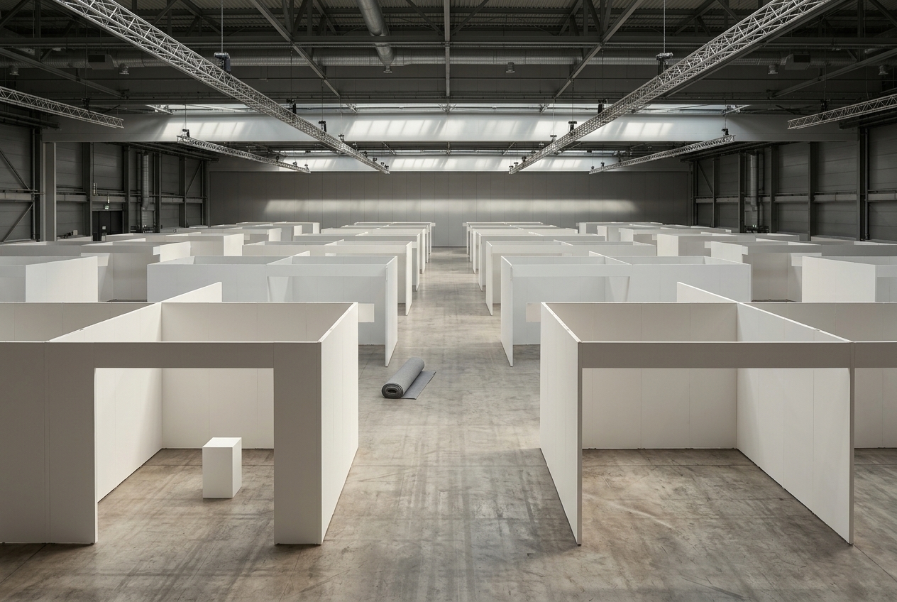 An empty convention-centre exhibition hall before an art fair opens: rows of identical bare white booth partitions on a wide concrete floor, one empty plinth, a rolled carpet, lighting trusses overhead.
