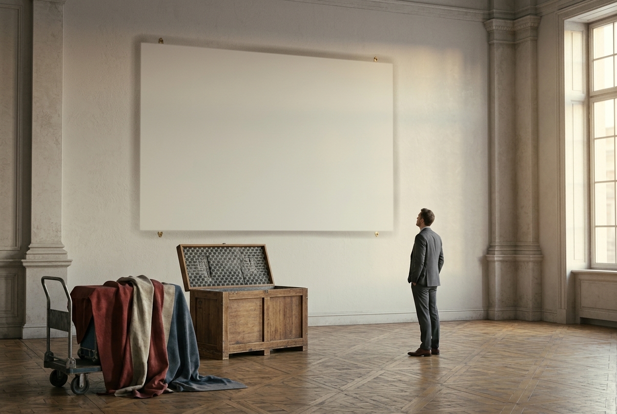 A tall empty official lobby wall with a large pale rectangle where a big painting has been removed, a foam-lined shipping crate and a flag-coloured cloth on a trolley below, one man looking up.