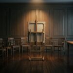 A dim wood-panelled room with a semicircle of empty wooden chairs facing a tall easel holding a framed canvas turned backwards, its blank reverse lit by a single overhead spotlight.