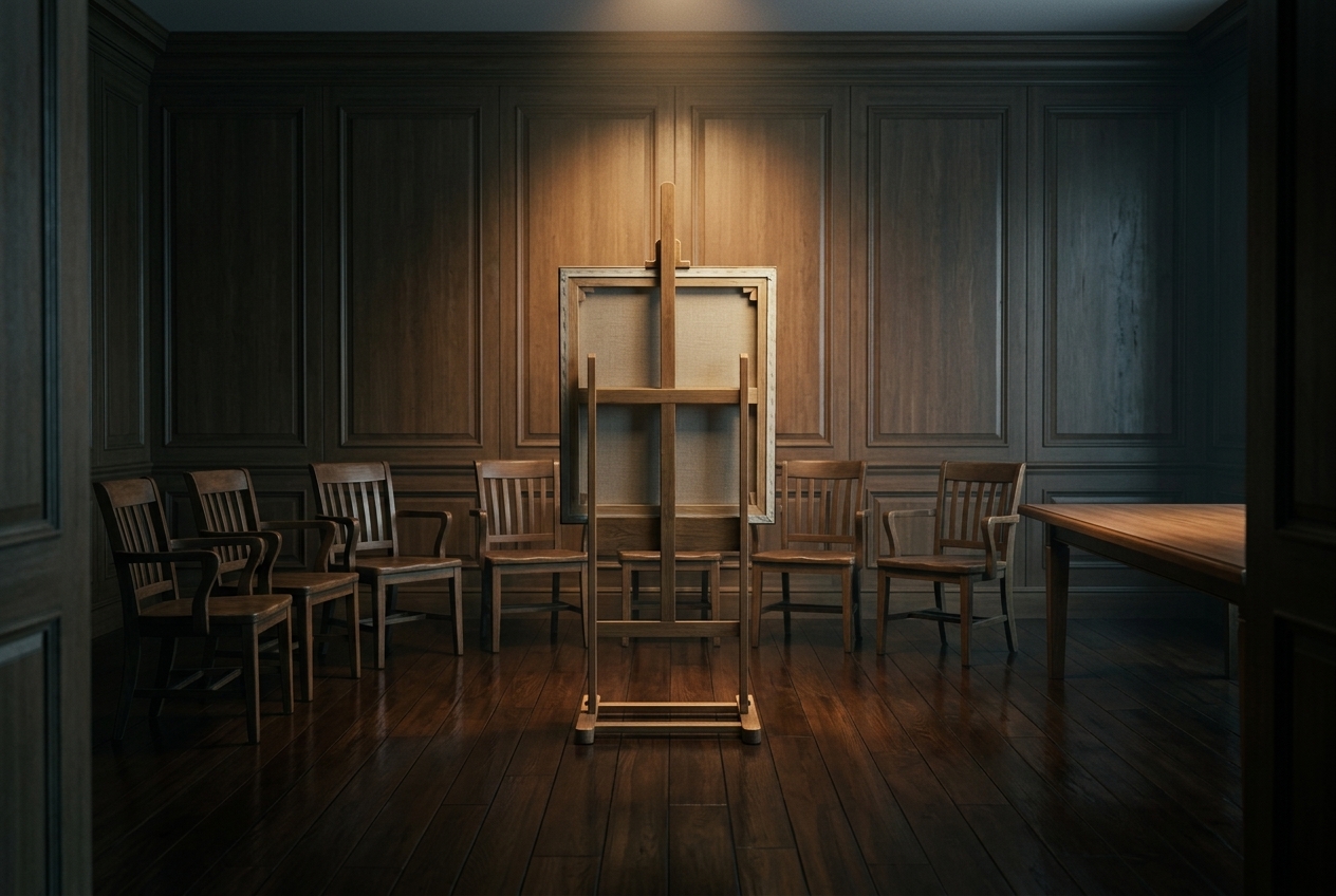 A dim wood-panelled room with a semicircle of empty wooden chairs facing a tall easel holding a framed canvas turned backwards, its blank reverse lit by a single overhead spotlight.