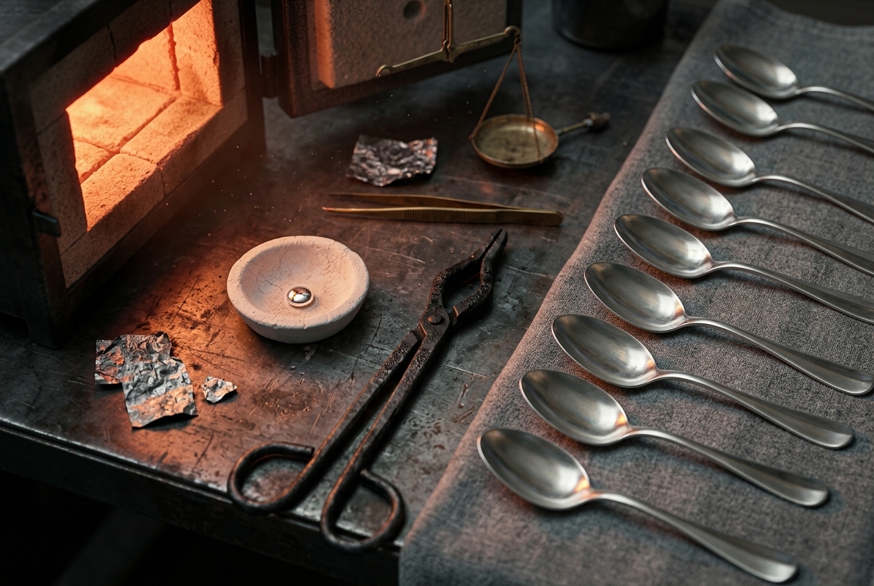 An assay bench beside an open furnace: a chalky porous cupel holding a single bright bead of metal, iron tongs, lead foil and a small brass balance pan, with a row of plain unmarked silver spoons laid out on grey cloth to the right.