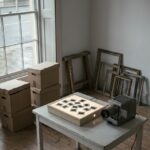 A cleared arts-centre room: stacked plain archive boxes by a rain-streaked sash window, a lit light box scattered with blank slides beside a slide projector, empty picture frames in the corner.