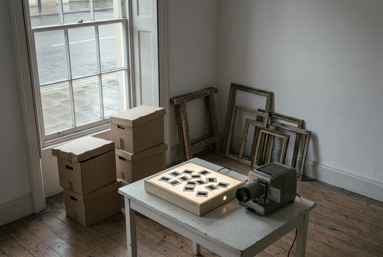 A cleared arts-centre room: stacked plain archive boxes by a rain-streaked sash window, a lit light box scattered with blank slides beside a slide projector, empty picture frames in the corner.