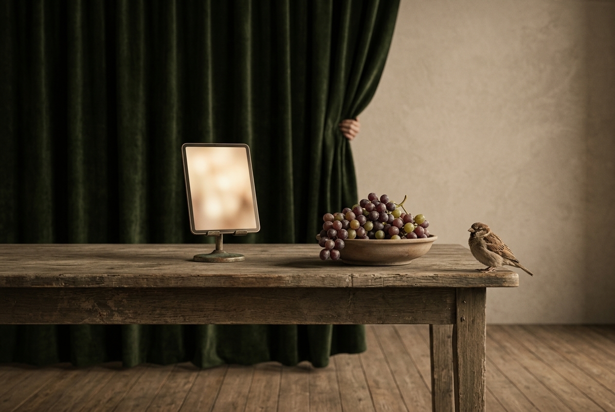 A dark green velvet curtain drawn back by a hand to show a blank wall, beside a wooden table with a bowl of grapes, a small tablet with a blurred glowing screen, and a sparrow perched at the table edge.