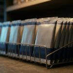 A low wire shop rack near the floor holding a tight row of identical sealed foil sachets, entirely unprinted, lit warm from above and cold blue from an unseen screen off to the left.