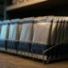 A low wire shop rack near the floor holding a tight row of identical sealed foil sachets, entirely unprinted, lit warm from above and cold blue from an unseen screen off to the left.