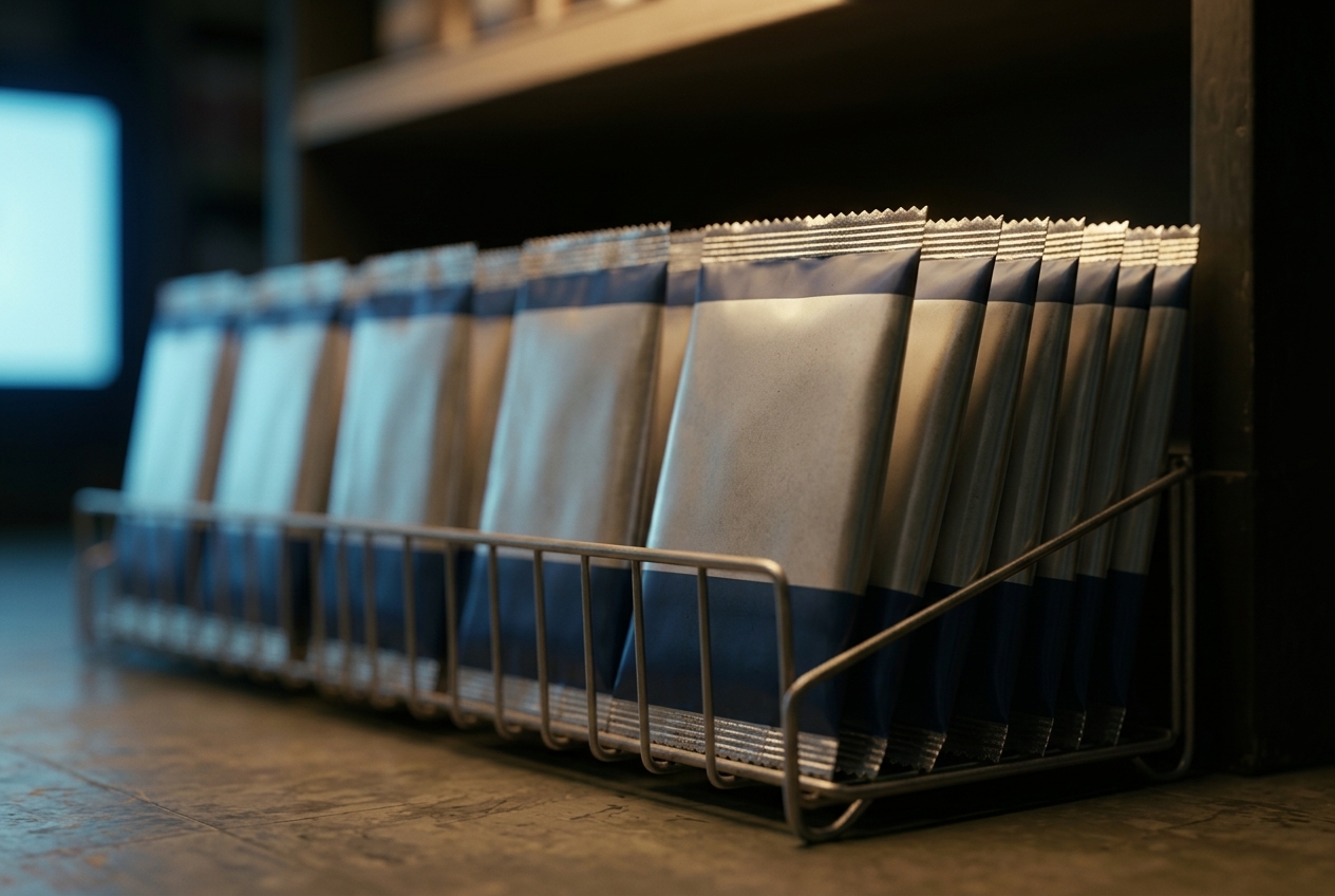 A low wire shop rack near the floor holding a tight row of identical sealed foil sachets, entirely unprinted, lit warm from above and cold blue from an unseen screen off to the left.