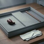 A shallow grey archival tray on a wooden collections table, divided into two compartments: a small dark red carved stone pipe bowl lies in one, a long plain wooden shaft in the other, with bare foam between them. Folded white cotton gloves rest at the table edge.