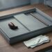 A shallow grey archival tray on a wooden collections table, divided into two compartments: a small dark red carved stone pipe bowl lies in one, a long plain wooden shaft in the other, with bare foam between them. Folded white cotton gloves rest at the table edge.