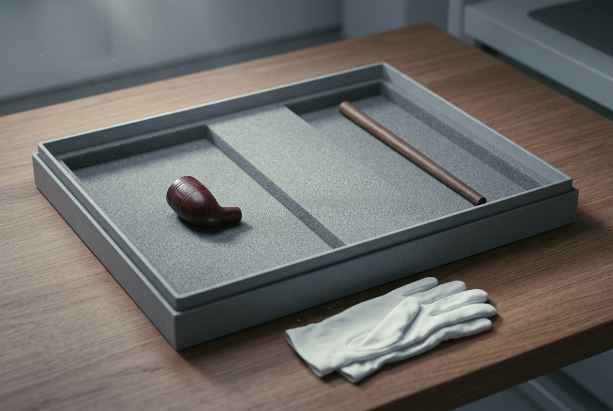 A shallow grey archival tray on a wooden collections table, divided into two compartments: a small dark red carved stone pipe bowl lies in one, a long plain wooden shaft in the other, with bare foam between them. Folded white cotton gloves rest at the table edge.