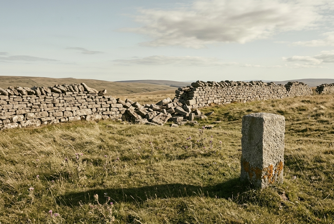 An upland pasture in bright late-afternoon light: a long dry-stone wall running across the slope has collapsed into a wide breach, while in the foreground a short, plain, uncarved granite boundary post stands intact and upright, casting a long shadow across the grass.