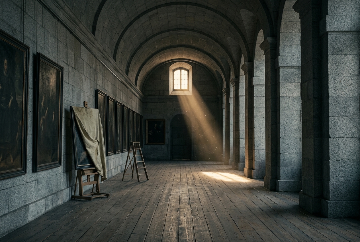 An empty vaulted granite gallery lit by one high window, large dark paintings on the wall, one on a trestle half uncovered from a dust sheet, a wooden stepladder beside it.