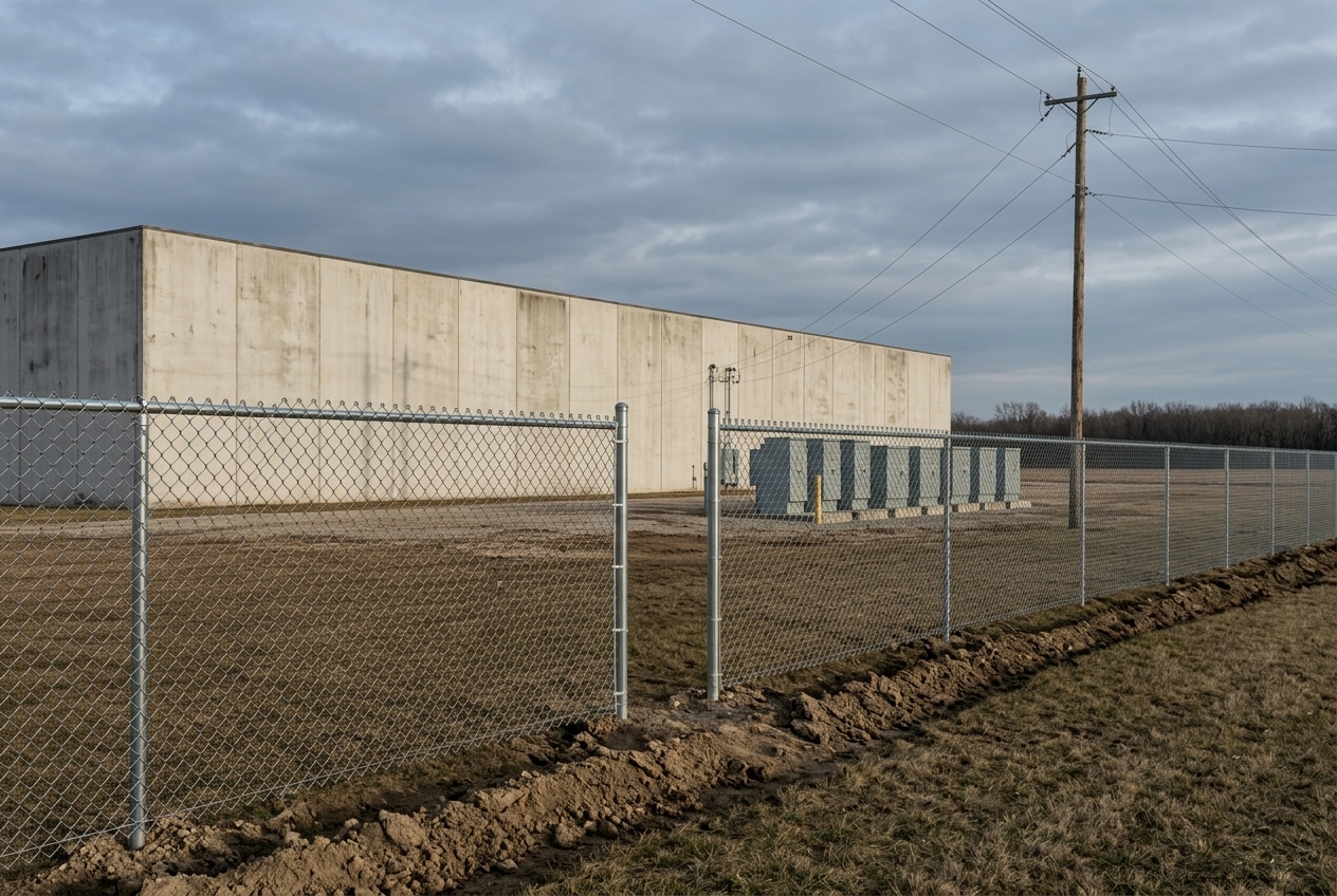 A new chain-link fence with freshly set posts in turned earth runs across the foreground of a cleared field; beyond it a long windowless pale concrete building and a row of grey transformer cabinets under an overcast sky.