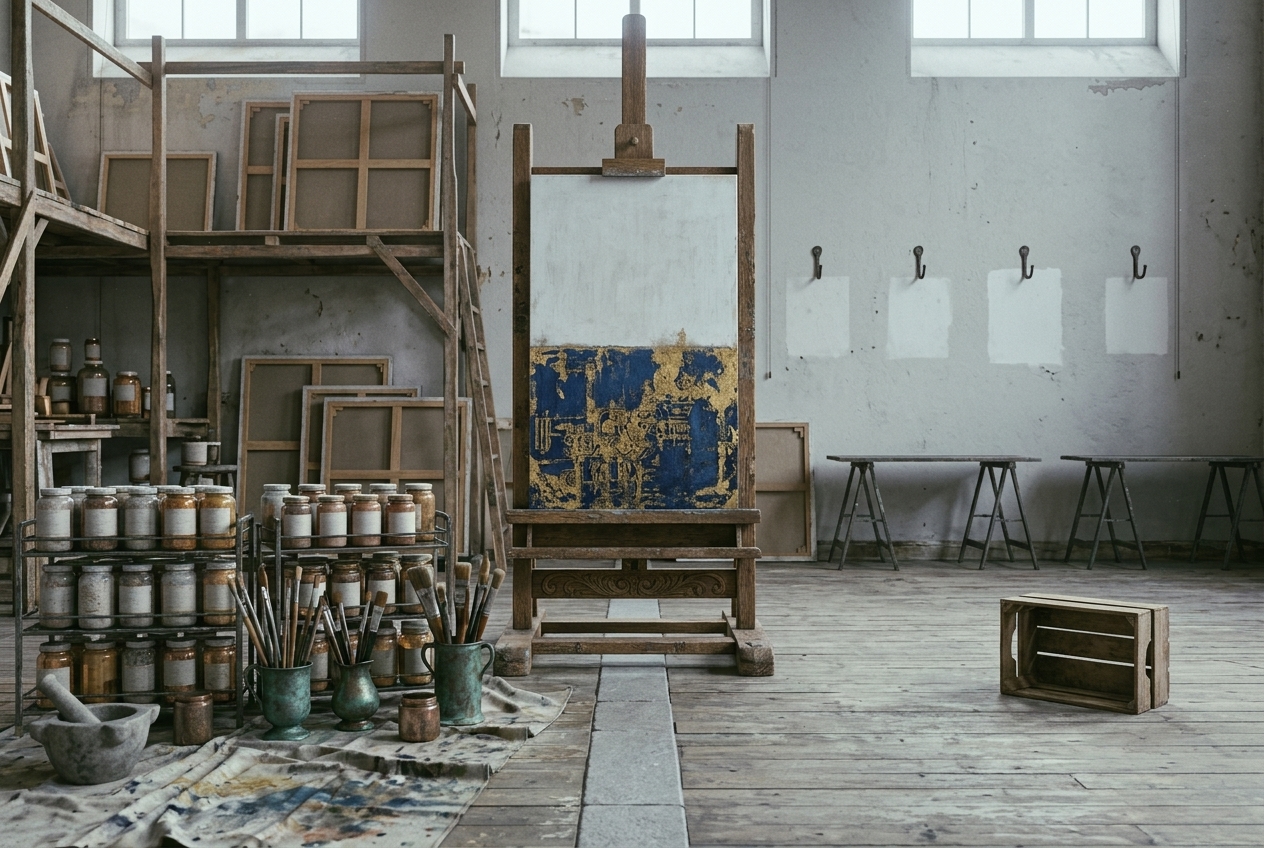 A tall unfinished blue and gold panel on a wooden easel in an old workshop. The left side is fully stocked with pigment jars, brushes, stretcher frames and scaffolding; the right side is bare, with empty trestles, iron hooks and pale rectangles on the wall where things once hung.