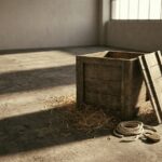 An empty unmarked wooden crate stands open on a bare concrete floor in raking light, loose straw spilled around it, a coil of rope and an open brass padlock beside it.