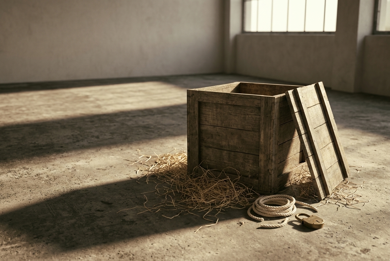 An empty unmarked wooden crate stands open on a bare concrete floor in raking light, loose straw spilled around it, a coil of rope and an open brass padlock beside it.