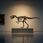 A dim auction-house gallery: a mounted small tyrannosaur skeleton on a low plinth under a single warm spotlight, with an old master painting in a gilt frame and a small bronze figure on a pedestal standing in shadow on the same bare wall.