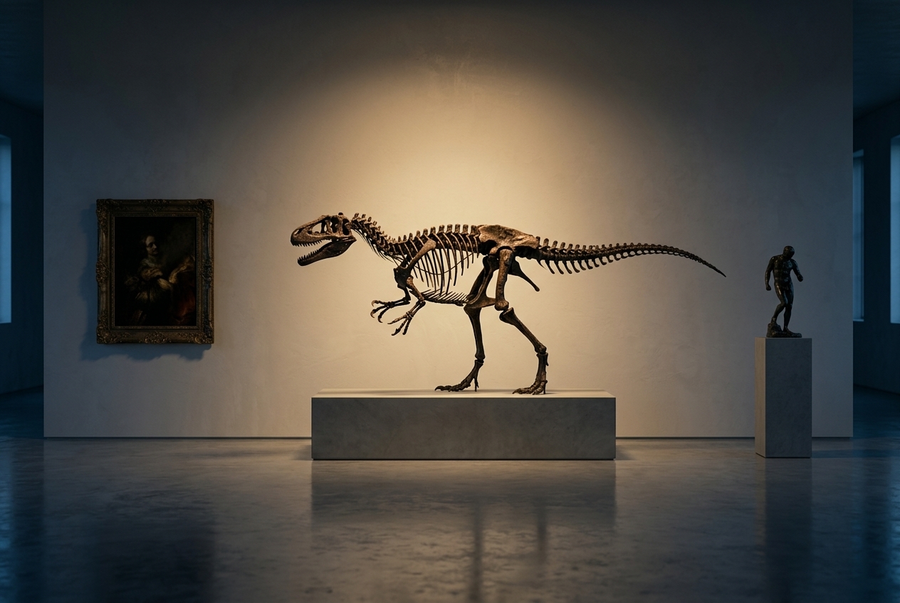 A dim auction-house gallery: a mounted small tyrannosaur skeleton on a low plinth under a single warm spotlight, with an old master painting in a gilt frame and a small bronze figure on a pedestal standing in shadow on the same bare wall.
