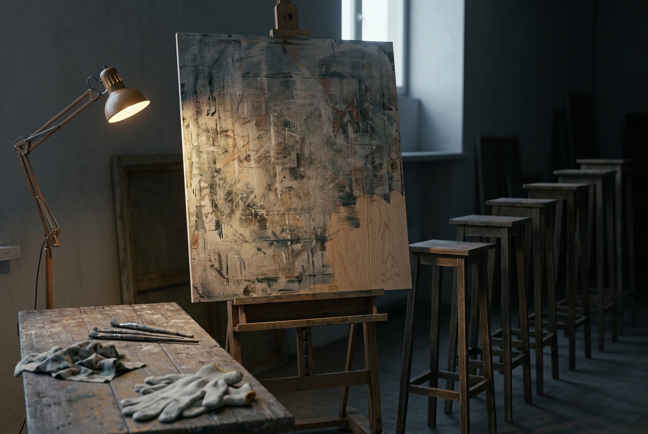 A dim studio at dusk: a large abstract painted panel on an easel, lit by a single lamp, its lower corner left as bare wood, with a row of empty wooden stands receding into shadow beside it.