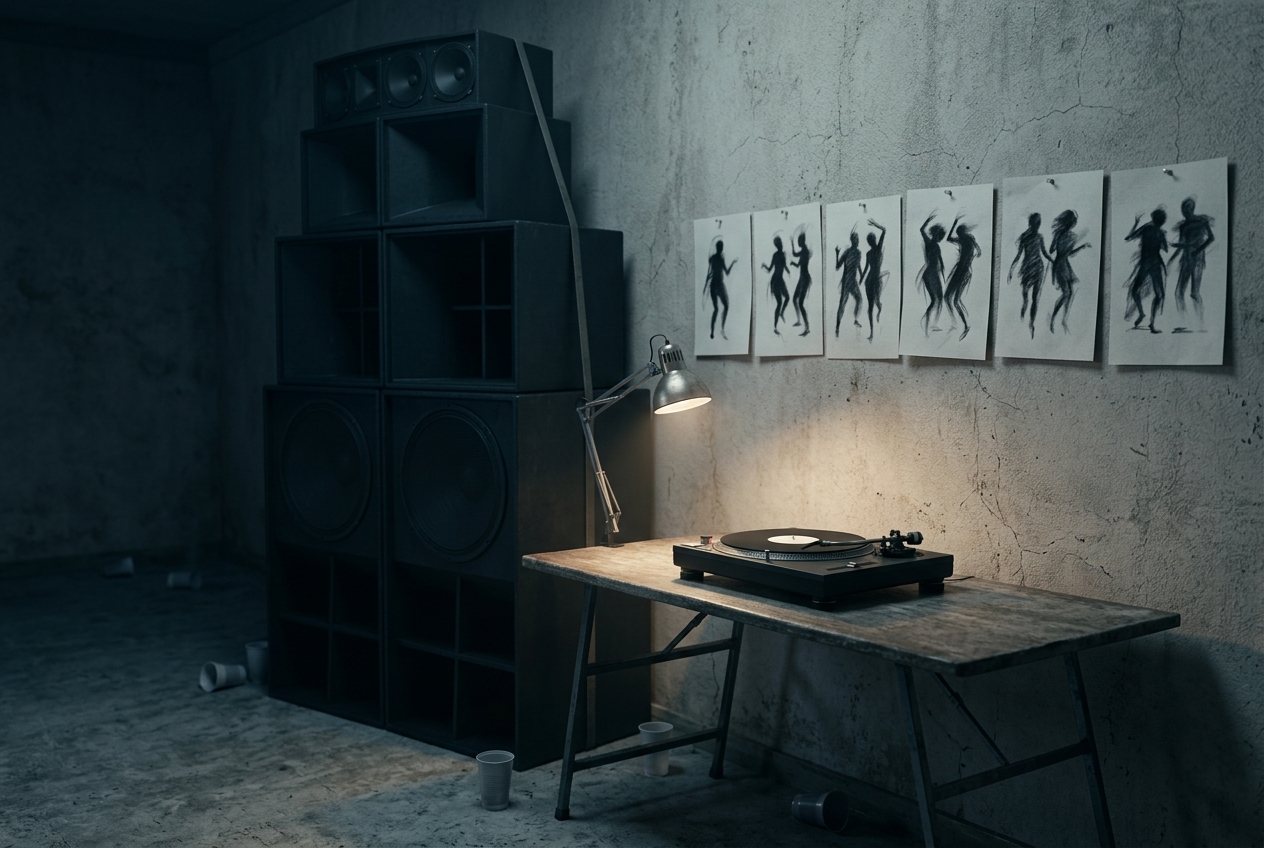 An empty dub dancehall after the night is over: a tower of black speaker cabinets, a single record on a turntable under a clip lamp, and a row of charcoal sketches of swaying dancers pinned to a bare wall.