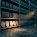 A dim industrial storage hall of tall steel racks holding thousands of identical unlabelled grey discs; a single tripod lamp lights only five or six of them, the rest in shadow.