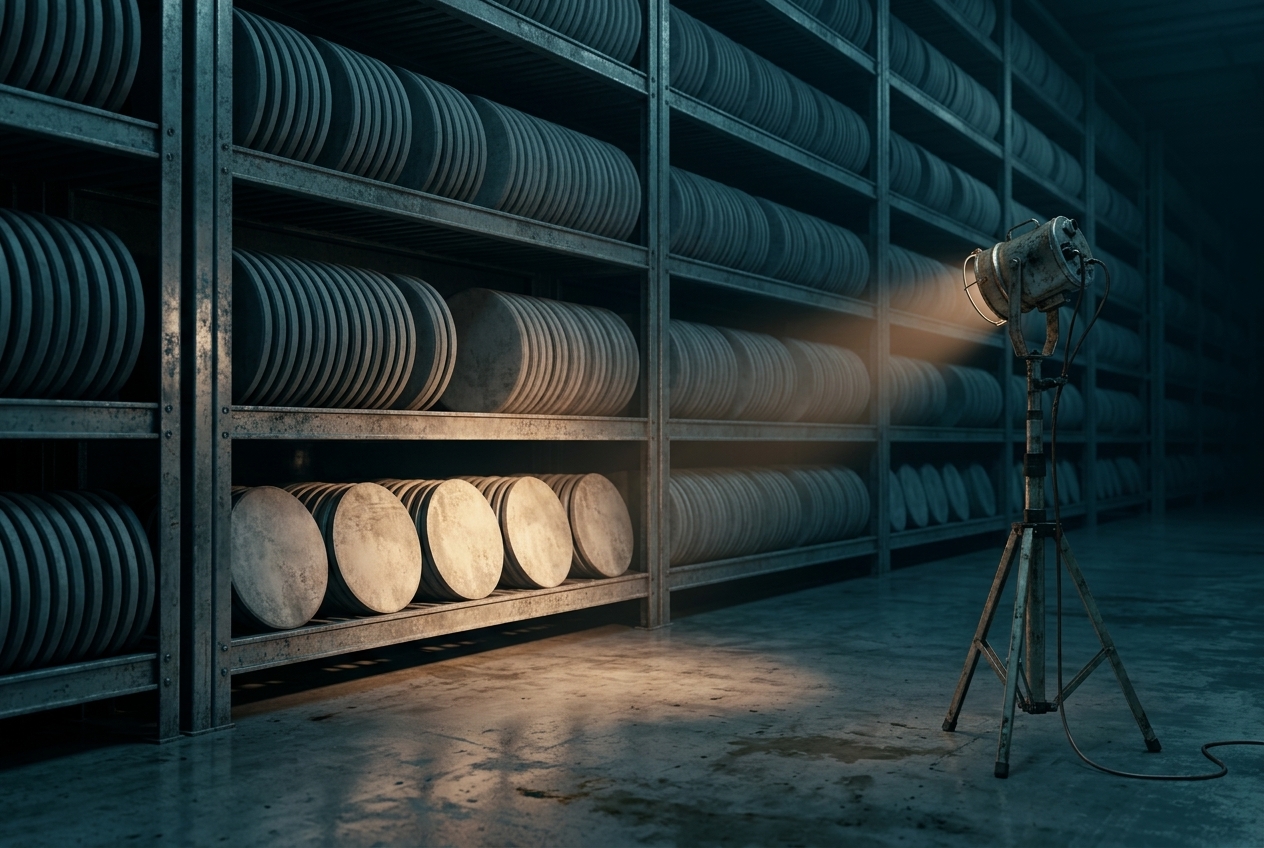 A dim industrial storage hall of tall steel racks holding thousands of identical unlabelled grey discs; a single tripod lamp lights only five or six of them, the rest in shadow.