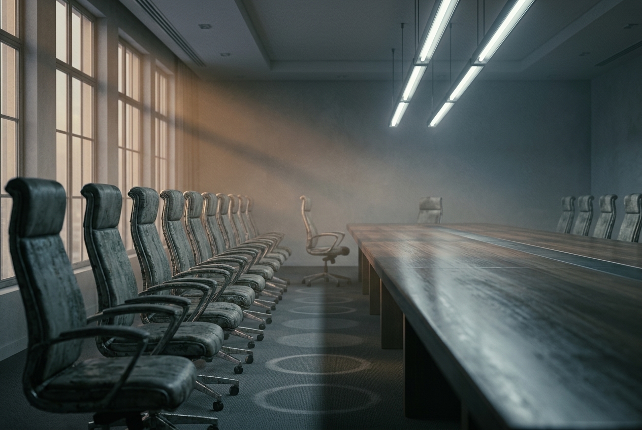 An empty corporate meeting room at dusk: a long bare table with a dense row of office chairs crowded along one side, a single chair alone opposite, and faint pale rings on the carpet where chairs have been removed.