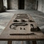 The dismantled parts of a concealed mechanism laid out on a bare oak trestle table in an empty stone hall: lengths of corroded iron wire, three small wooden pulleys, a waxed cord, two brass pins and a split oak block with an empty socket. A pale worn ring in the flagstone floor shows where people once stood.