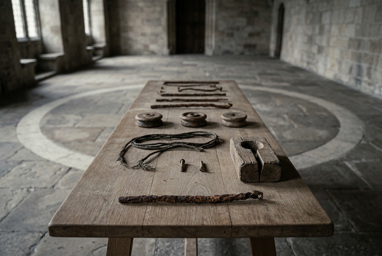 The dismantled parts of a concealed mechanism laid out on a bare oak trestle table in an empty stone hall: lengths of corroded iron wire, three small wooden pulleys, a waxed cord, two brass pins and a split oak block with an empty socket. A pale worn ring in the flagstone floor shows where people once stood.