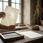 Hands hold a sheet of handmade paper to a window, a faint crown-and-pot watermark showing through it, beside a blank sheet and a wire papermaking mould on a worn wooden table.