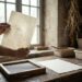 Hands hold a sheet of handmade paper to a window, a faint crown-and-pot watermark showing through it, beside a blank sheet and a wire papermaking mould on a worn wooden table.
