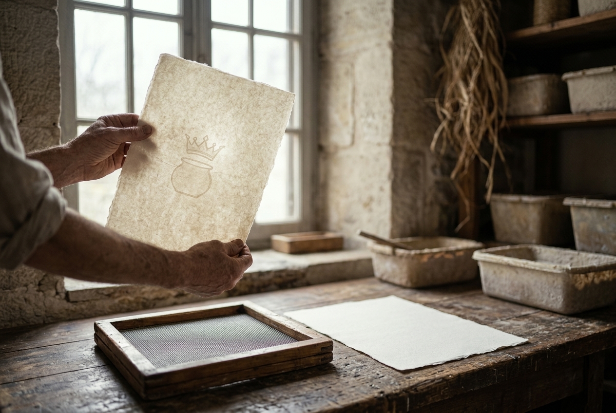 Hands hold a sheet of handmade paper to a window, a faint crown-and-pot watermark showing through it, beside a blank sheet and a wire papermaking mould on a worn wooden table.