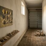 A dim domestic hallway leading to a garage door, with a small unframed painting of ten seashells on the wall above a ledge of real shells.
