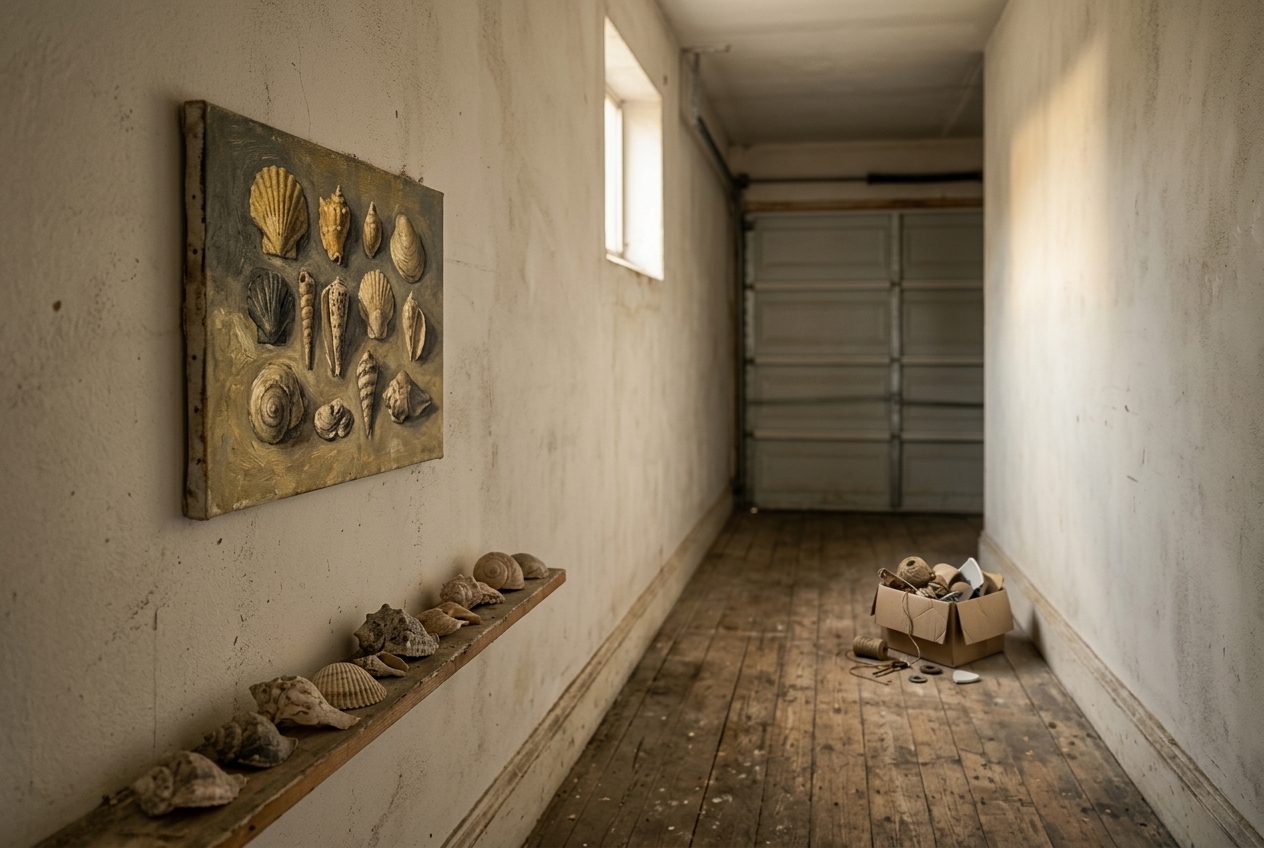 A dim domestic hallway leading to a garage door, with a small unframed painting of ten seashells on the wall above a ledge of real shells.