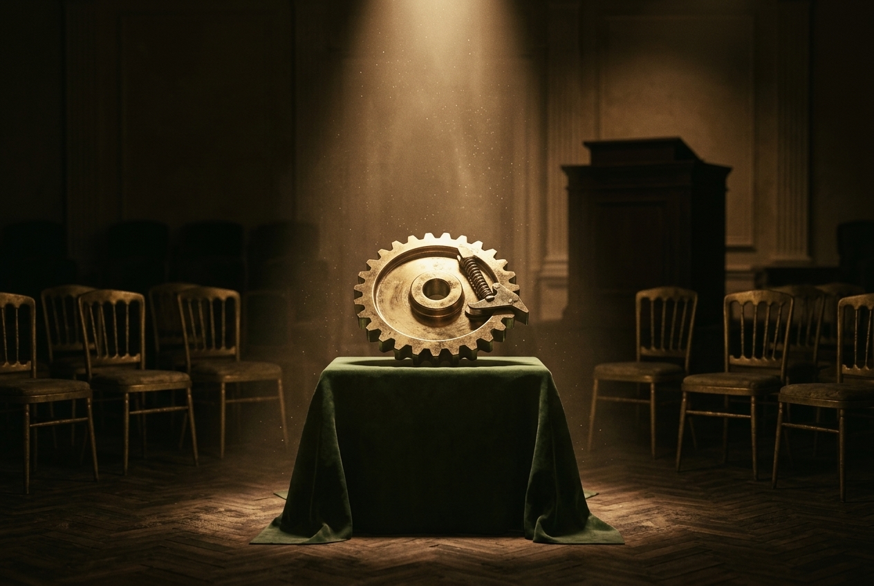 An empty auction saleroom at night, rows of gilt chairs in shadow and an unlit rostrum behind. On a green velvet-draped plinth under a single spotlight stands a large polished brass ratchet wheel with its pawl seated in the teeth, a mechanism that can only turn one way.