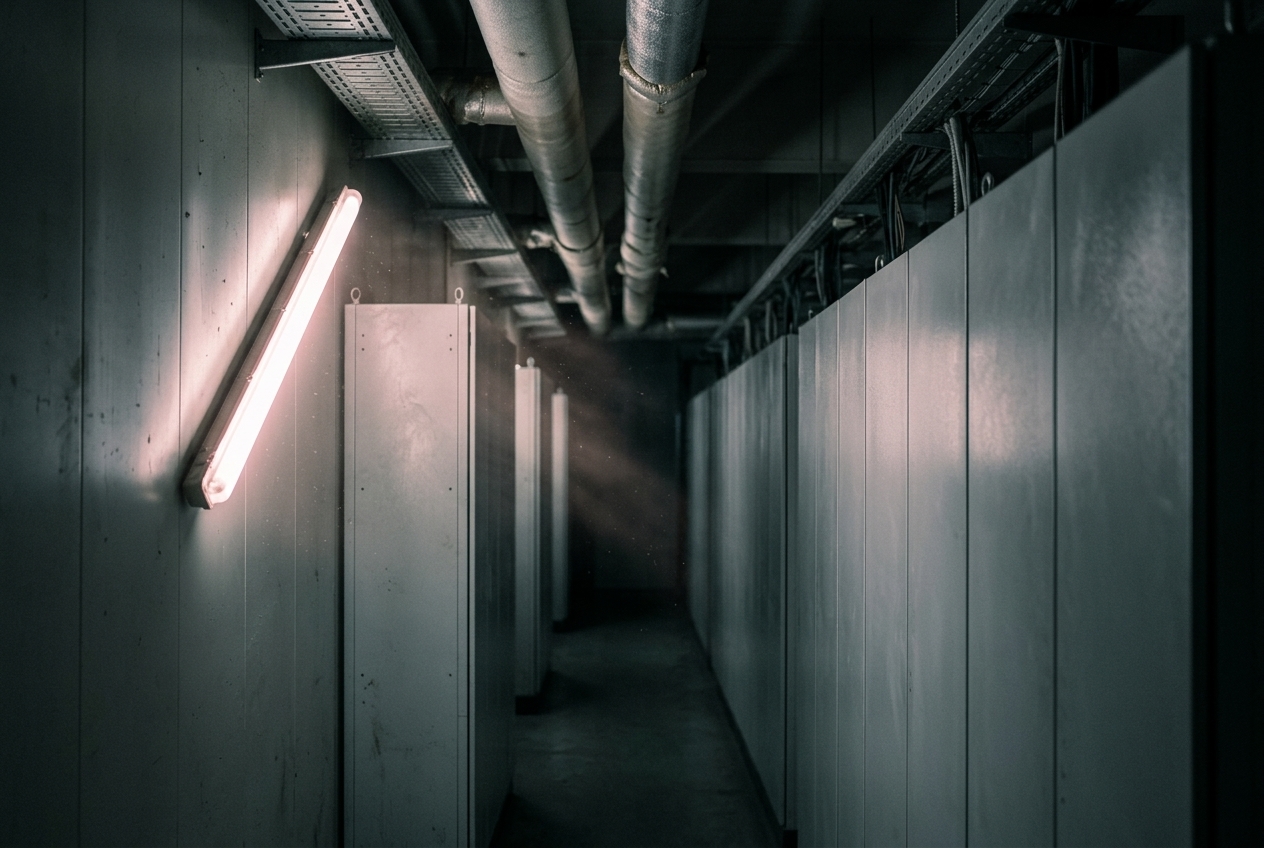 A dim machine hall of tall blank metal cabinets with overhead coolant pipes, lit by a single bare fluorescent tube mounted diagonally on the side wall like a light sculpture.