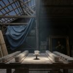 A half-repaired porcelain workshop: one bay open to the evening sky with a blue tarpaulin and fresh timber, a lone white cup lit on a long table of drying cups and plates, and an unlit gilt-framed old master painting leaning in the dark behind.