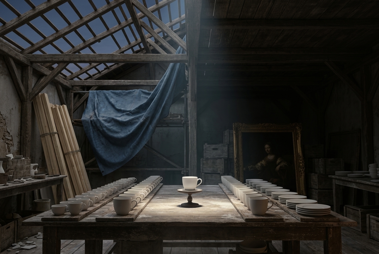 A half-repaired porcelain workshop: one bay open to the evening sky with a blue tarpaulin and fresh timber, a lone white cup lit on a long table of drying cups and plates, and an unlit gilt-framed old master painting leaning in the dark behind.