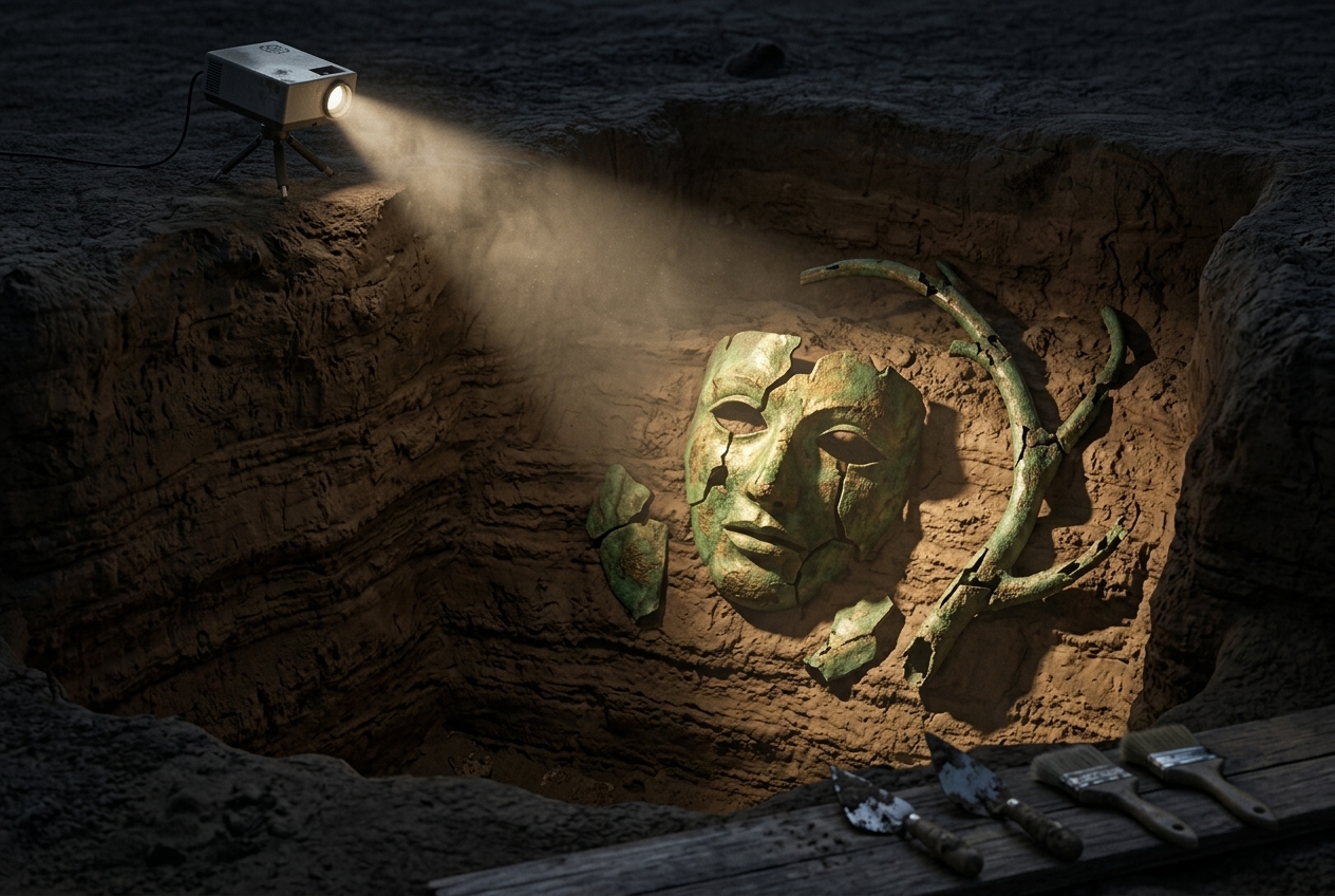 A night excavation pit with a cracked green bronze mask and a bent bronze branch half-buried in clay, lit by a small projector on a tripod at the pit edge, trowels and brushes on a plank below.