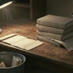 A dim library processing bench under a single work lamp: a stack of plain cloth-bound books, loose paper dust wrappers lying flat and removed beside them, and more discarded wrappers in a metal waste bin at the bench edge.