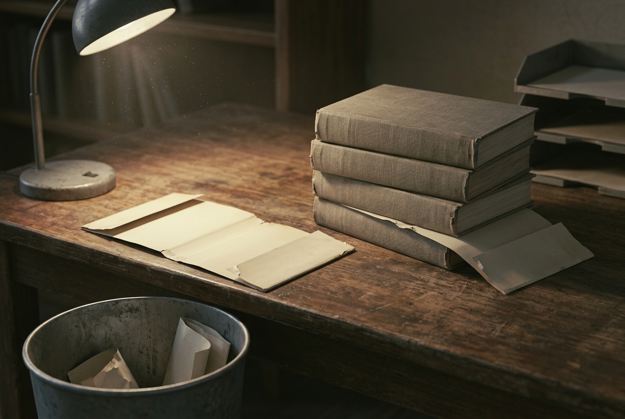 A dim library processing bench under a single work lamp: a stack of plain cloth-bound books, loose paper dust wrappers lying flat and removed beside them, and more discarded wrappers in a metal waste bin at the bench edge.