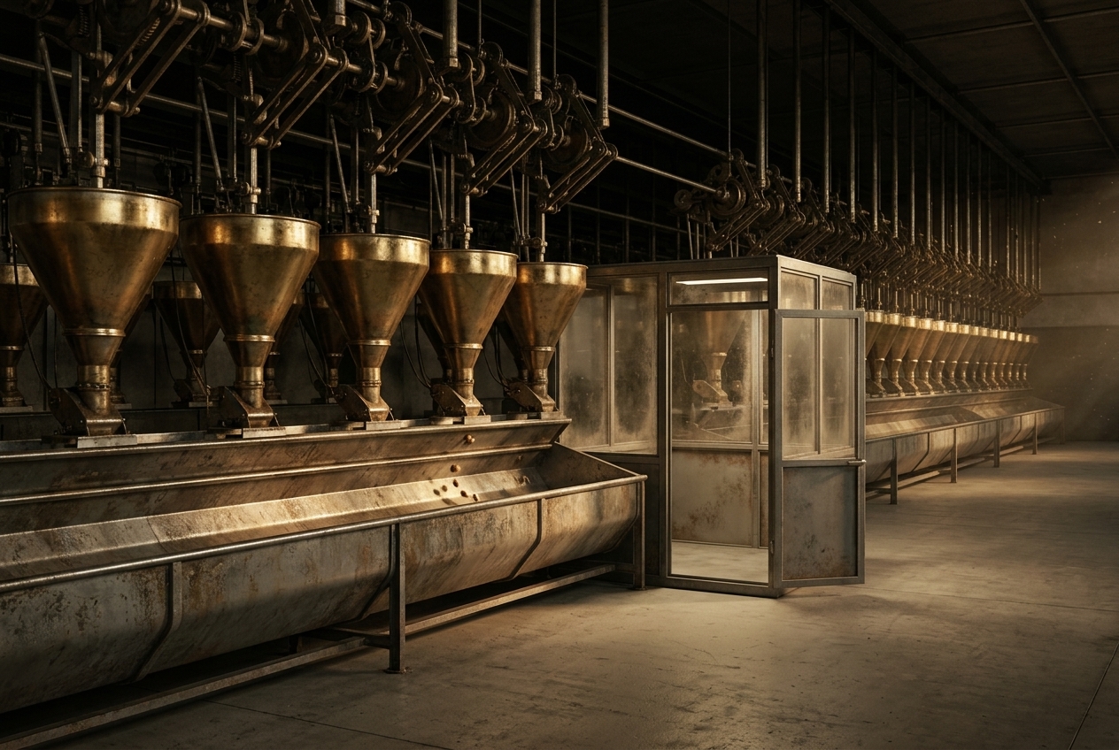 A long dim industrial sorting hall: a row of polished brass funnels feeding a continuous steel trough, with one small empty glass inspection booth standing open and unoccupied partway along the run.