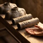 Four unfinished sections of a grey-brown unfired clay figure laid along a plain wooden workshop bench in raking late-afternoon light, shallow fingertip impressions visible across their surfaces, with a living human hand resting open and palm upward on the bare wood at the near end.