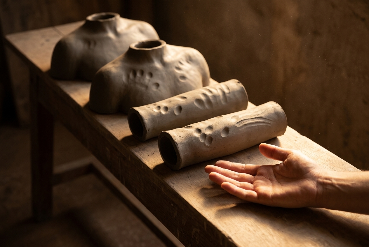 Four unfinished sections of a grey-brown unfired clay figure laid along a plain wooden workshop bench in raking late-afternoon light, shallow fingertip impressions visible across their surfaces, with a living human hand resting open and palm upward on the bare wood at the near end.