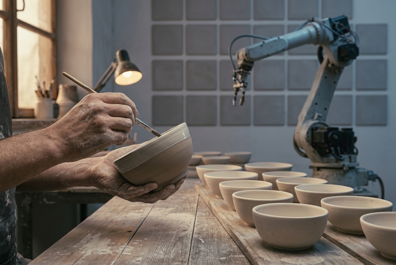 A potter's hands brushing the rim of a handmade stoneware bowl, with a row of slightly different bowls on the bench and an idle industrial robot arm beside a wall of identical grey tiles.