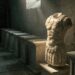 A headless Roman marble torso in a decorated breastplate stands lit on a plinth in a dim stone storeroom, the neck cavity empty, beside a receding row of bare plinths marked only by pale circular dust outlines where objects once stood.