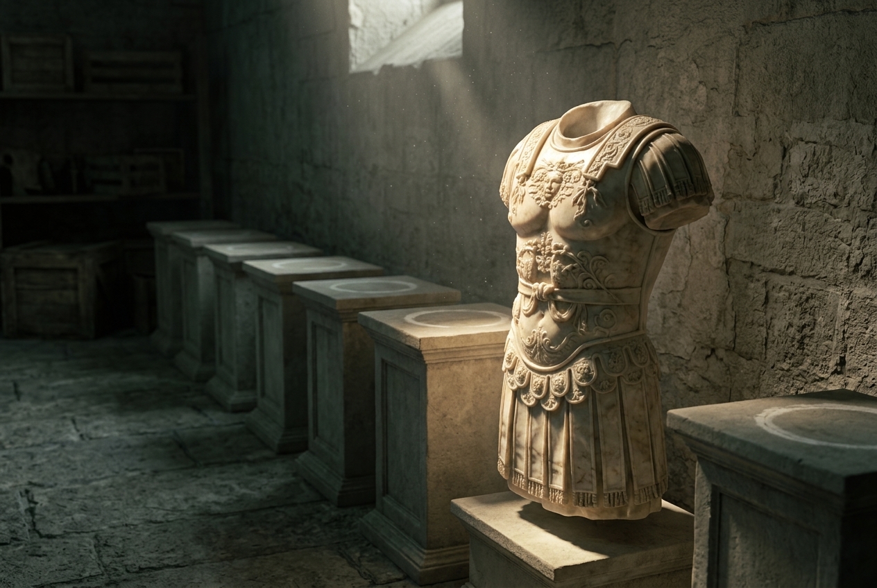 A headless Roman marble torso in a decorated breastplate stands lit on a plinth in a dim stone storeroom, the neck cavity empty, beside a receding row of bare plinths marked only by pale circular dust outlines where objects once stood.