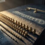 A dim workshop bench in raking light. On one half, dozens of small unmarked brass calibration weights are laid out in exact graduated rows. The other half is swept bare except for a pale dust outline where a matching set once stood, and an empty balance arm with no pan.